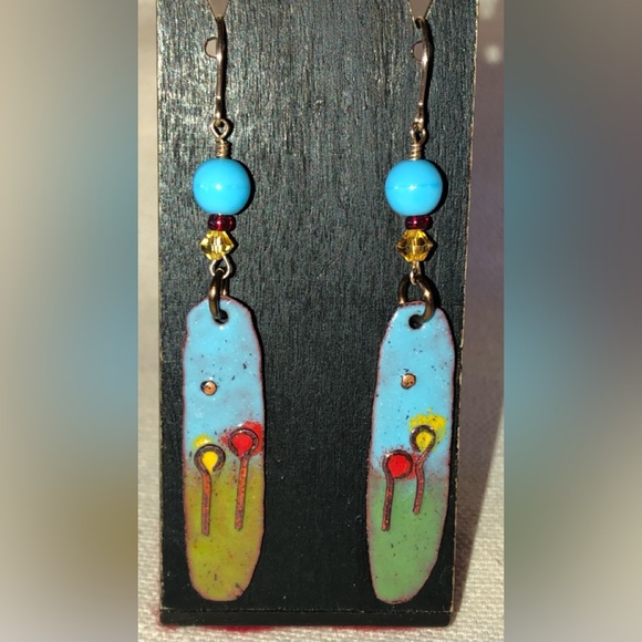 Handcrafted & Painted Enamel Over Copper Modernist Dangle Earrings - Picture 6 of 8